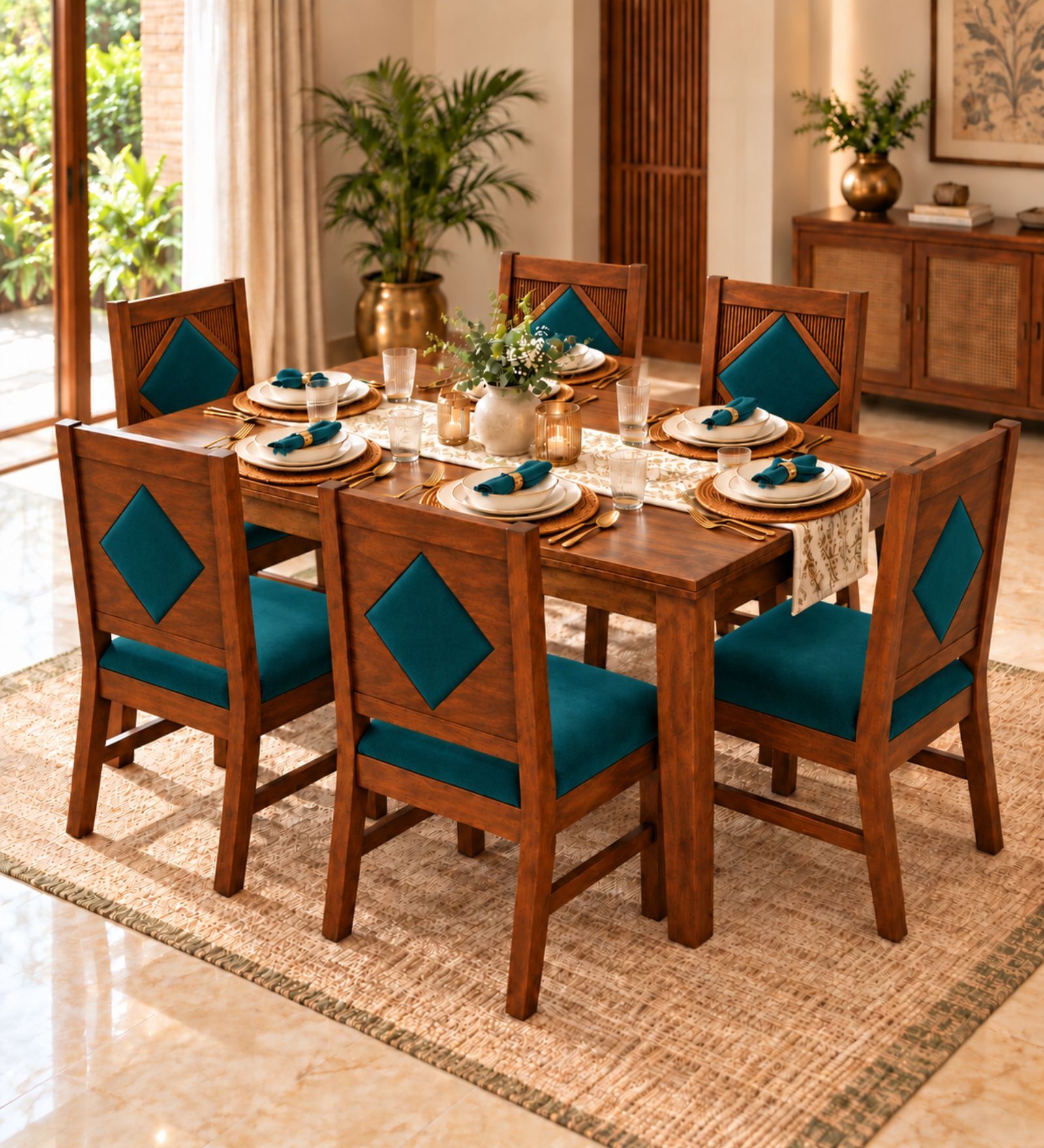 Vajra 6 Seater Dining Set In Provincial Teak Finish With Teal Green Colour Chair Vajra 6 Seater Dining Set In Provincial Teak Finish With Teal Green Colour Chair