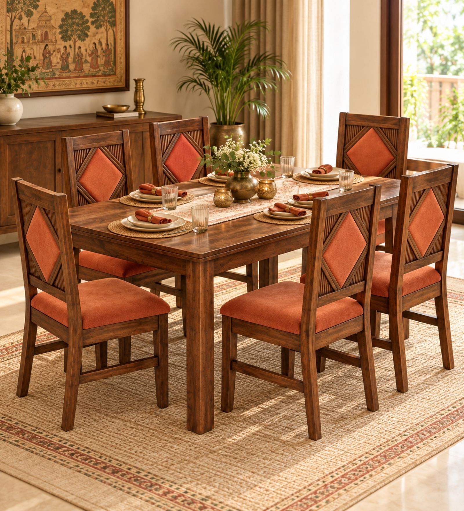Vajra 6 Seater Dining Set In Provincial Teak Finish With Terracotta Orange Colour Chair Vajra 6 Seater Dining Set In Provincial Teak Finish With Terracotta Orange Colour Chair
