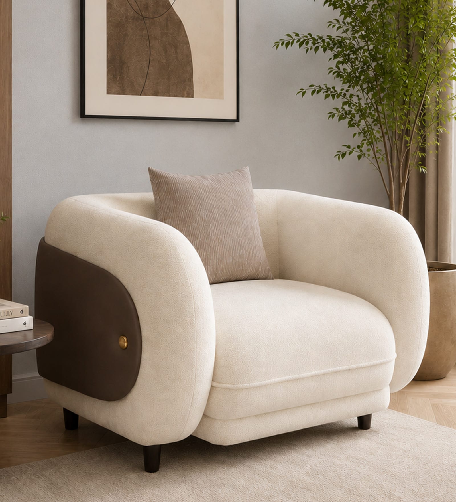 Vale Fabric 1 Seater Sofa with Leatherette Cladding in Beige Colour Vale Fabric 1 Seater Sofa with Leatherette Cladding in Beige Colour