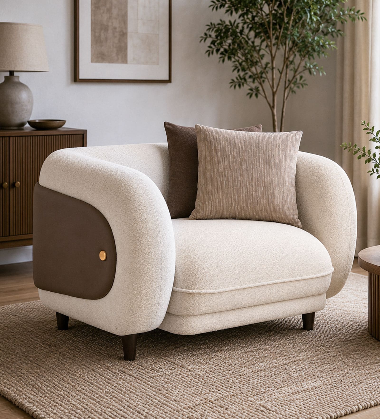 Vale Fabric 1 Seater Sofa with Leatherette Cladding in Beige Colour
