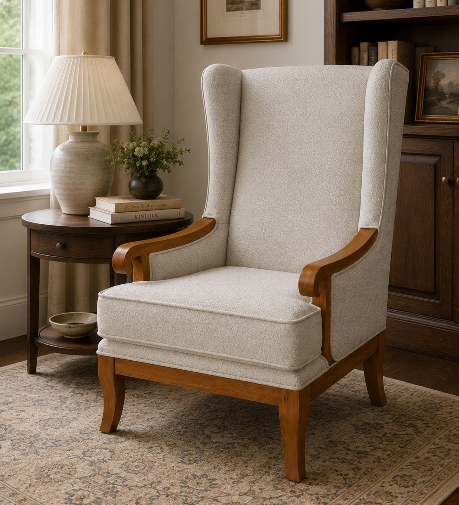 Valen Teak Wood Wing Chair With Suede Fabric In Cream Colour Valen Teak Wood Wing Chair With Suede Fabric In Cream Colour