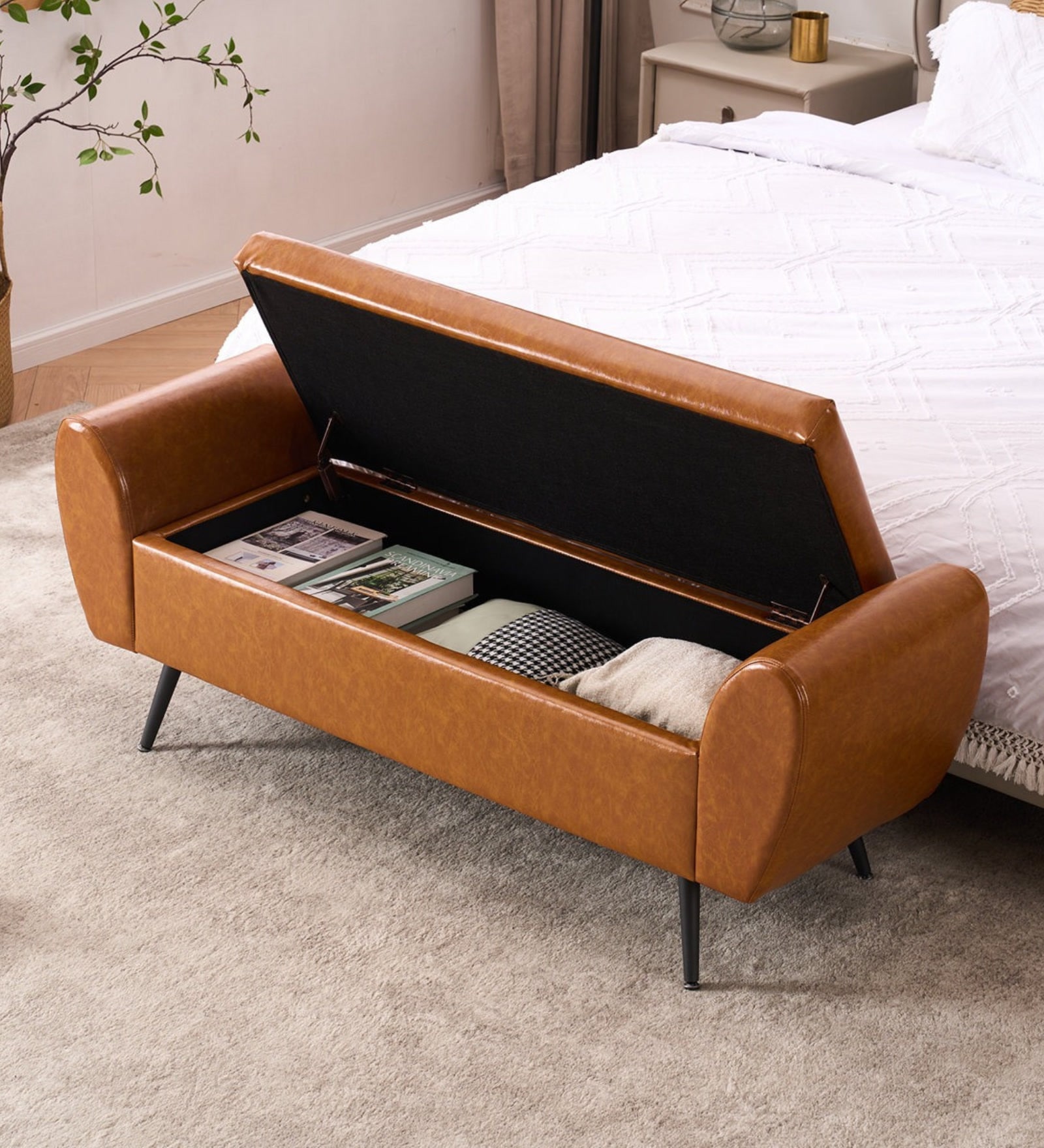 Valencia Fabric Plush Storage Ottoman Ottoman in Camel Brown Colour