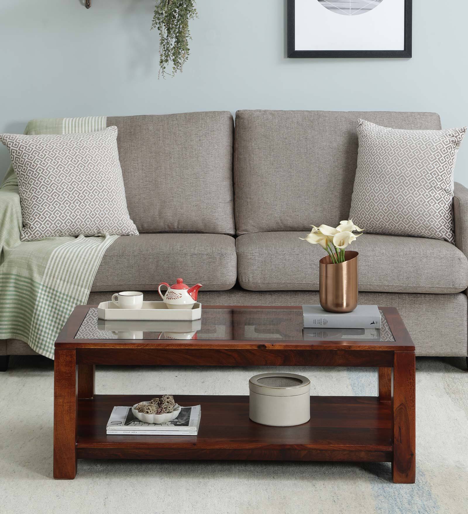 Valencia Sheesham Wood Coffee Table In Scratch Resistant Honey Oak Finish With Glass Top