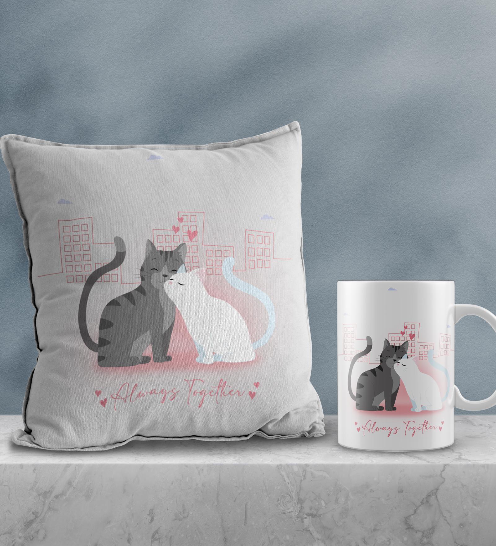 Valentine Combo of Colorful Always Together Cats Kissing Print Cushion & Mug Gift Set