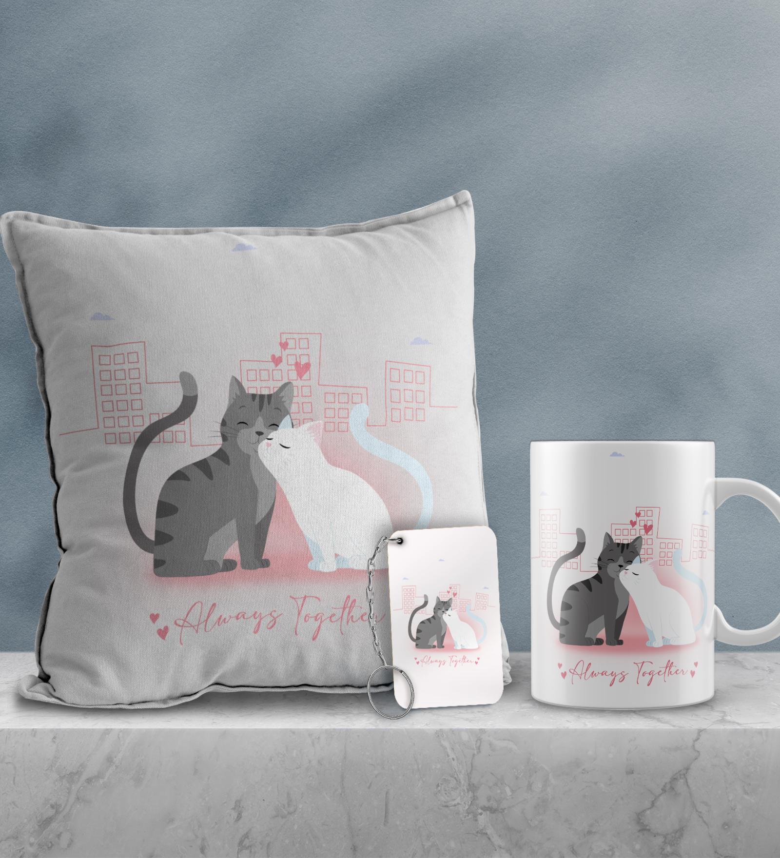 Valentine Combo of Colorful Always Together Cats Kissing Print Cushion & Mug With Keychain Gift Set