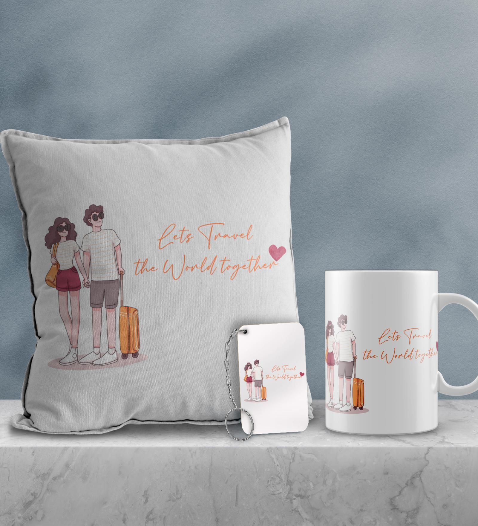 Valentine Combo of Colorful Let's Travel The World Together Girl & Boy With Travel Bag Print Cushion & Mug With Keychain Gift Set