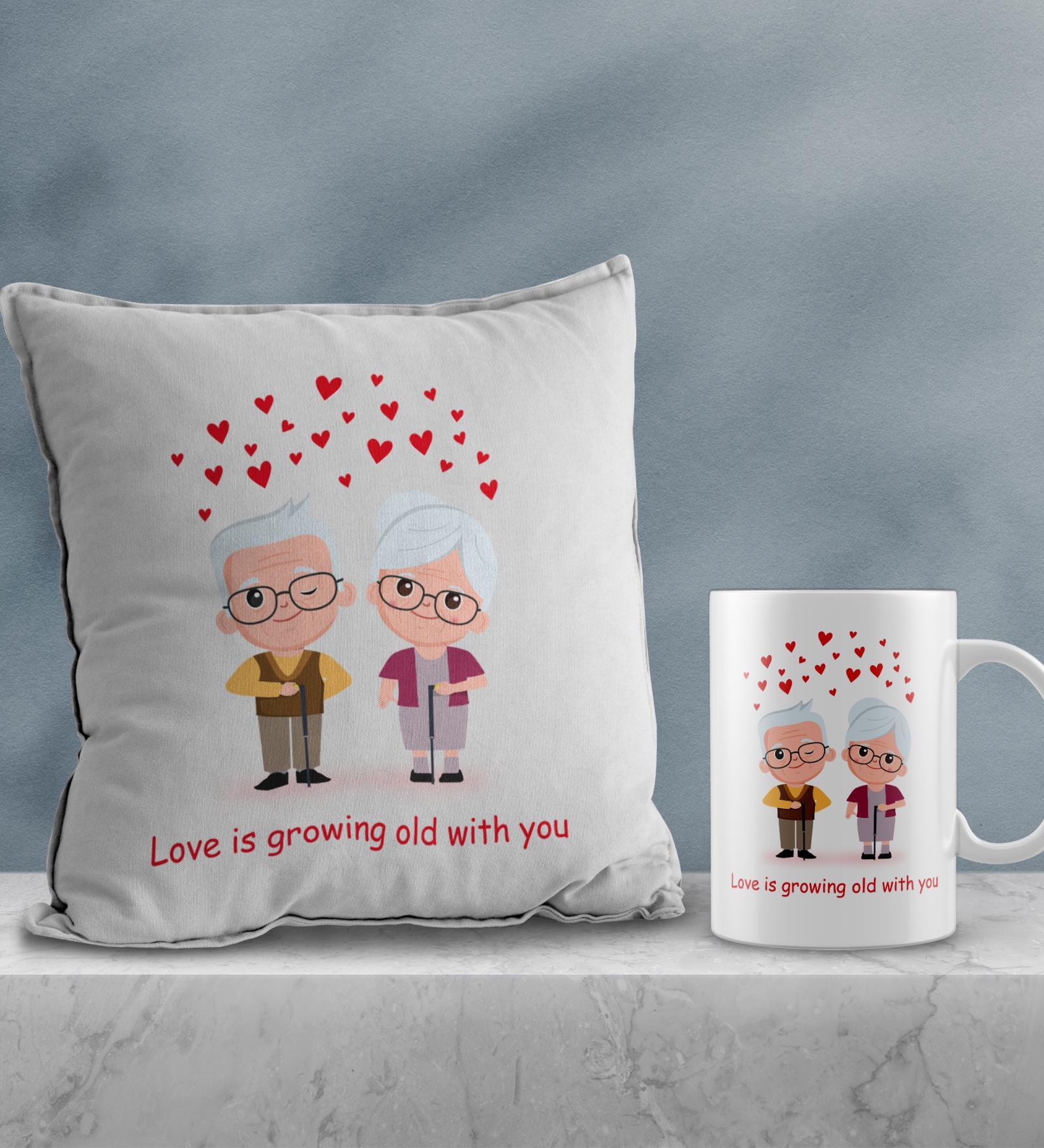 Valentine Combo of Colorful Love Is Getting Old With You Old Couple Hearts Print Cushion & Mug Gift Set