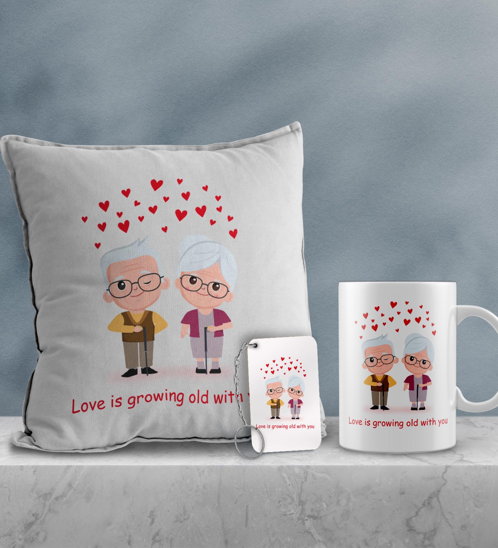 Valentine Combo of Colorful Love Is Getting Old With You Old Couple Hearts Print Cushion & Mug With Keychain Gift Set