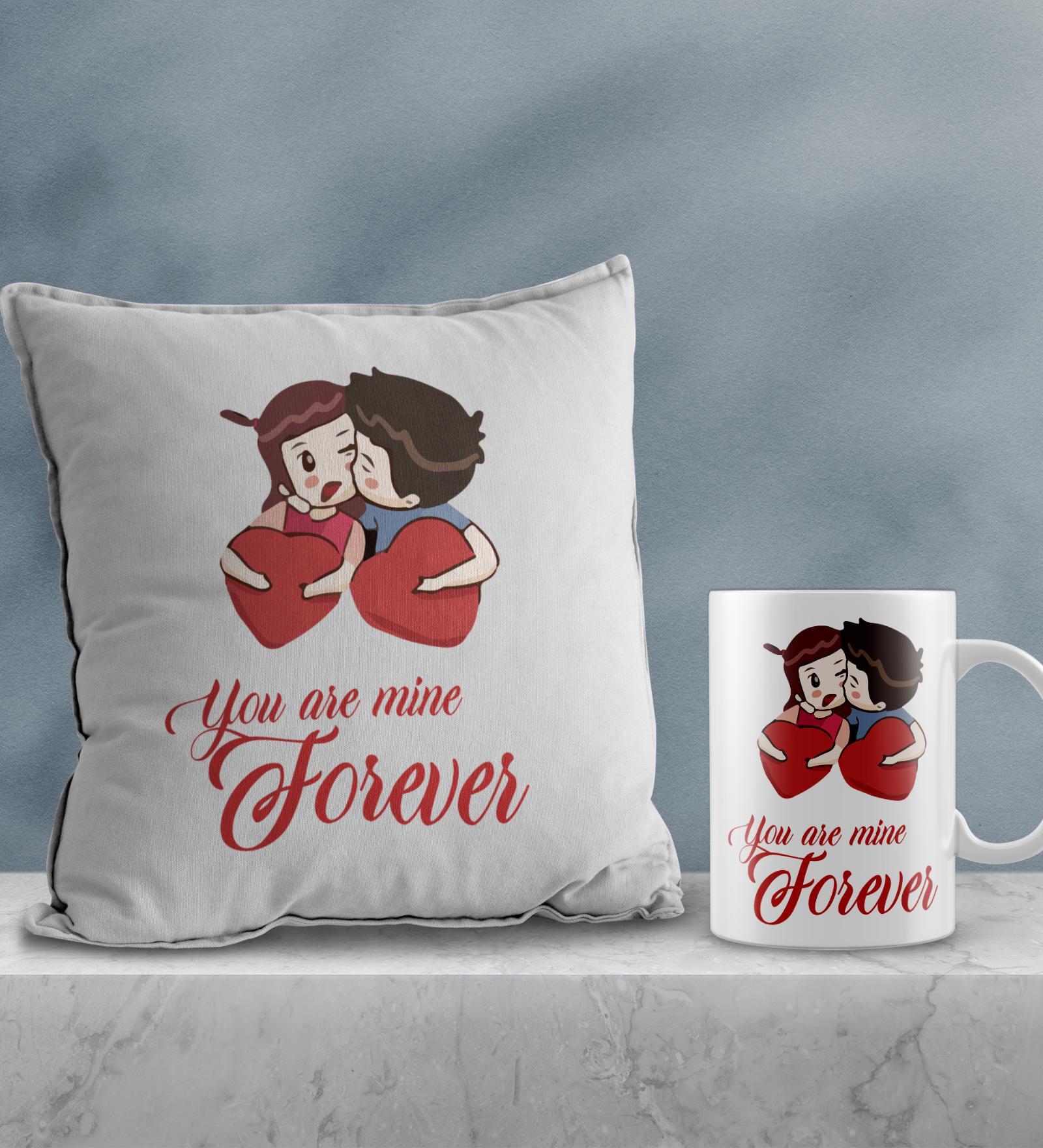 Valentine Combo of Colorful You are mine forever Cushion & Mug Gift Set