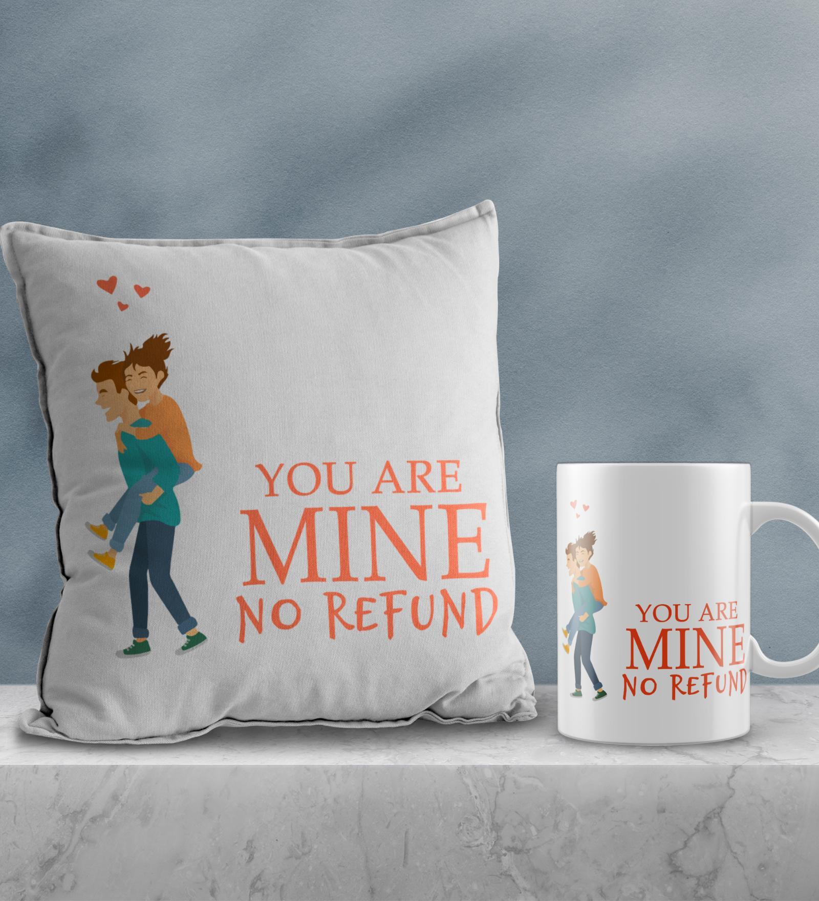 Valentine Combo of Colorful You Are Mine Girl On Boys Back Print Cushion & Mug Gift Set