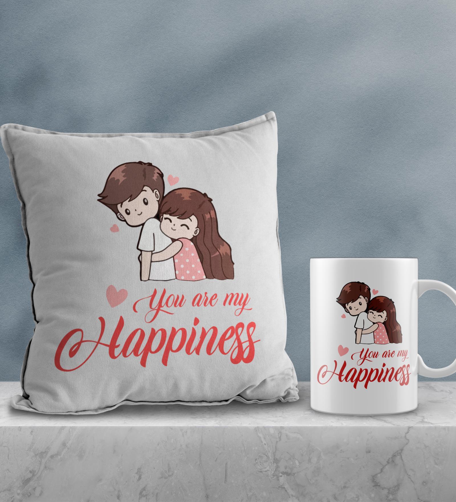 Valentine Combo of Colorful You Are My Happiness Abstract Print Cushion & Mug Gift Set