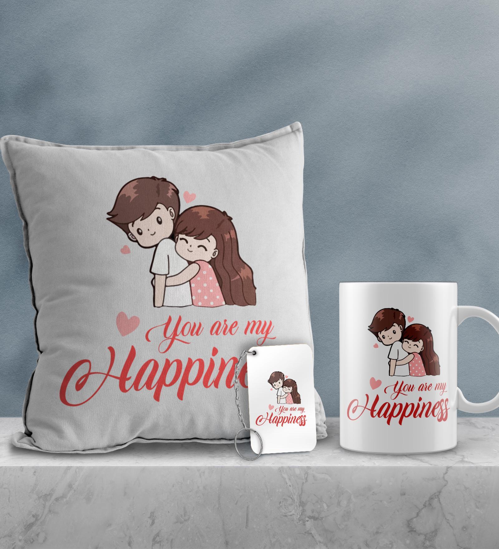 Valentine Combo of Colorful You Are My Happiness Abstract Print Cushion & Mug With Keychain Gift Set