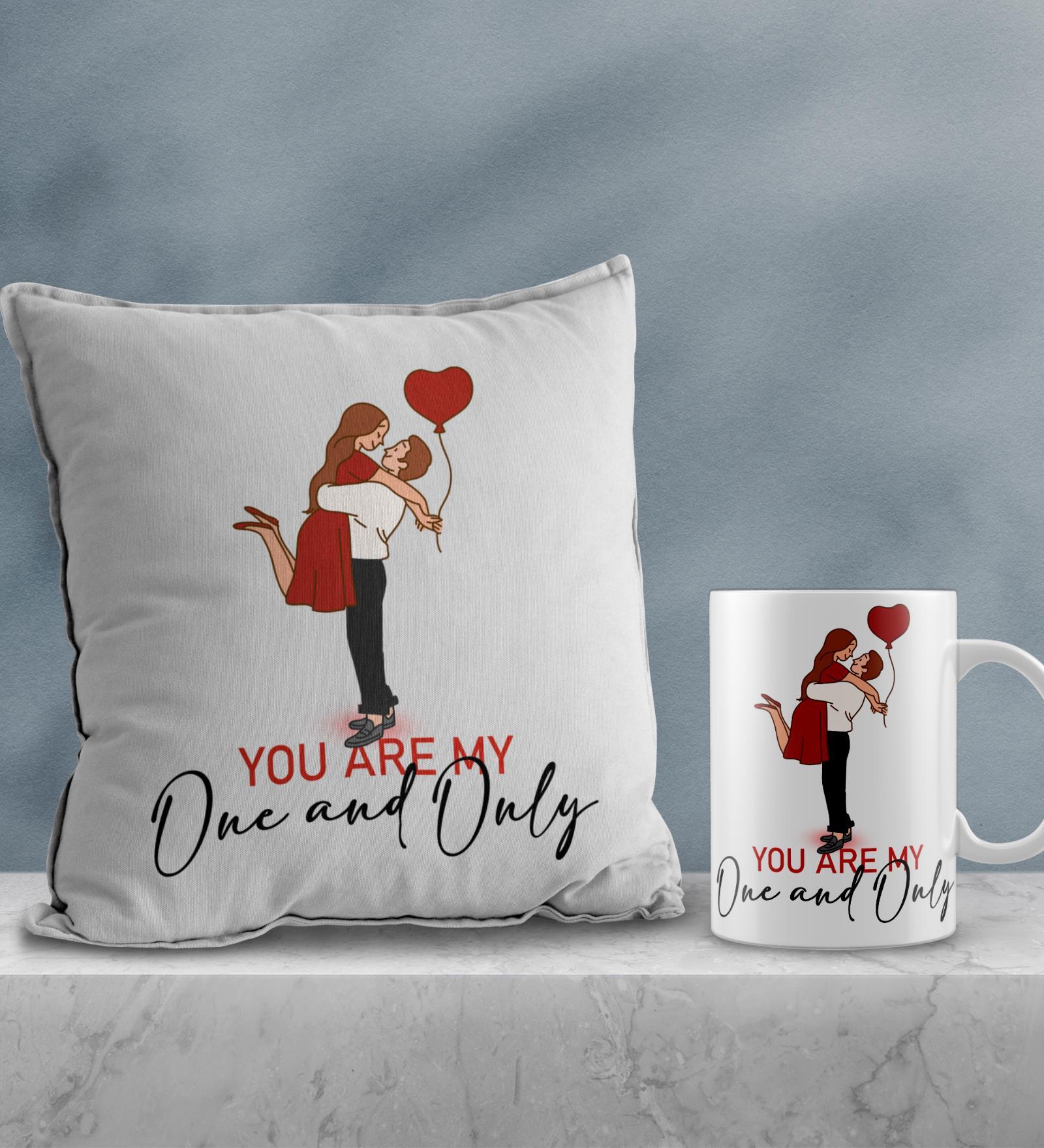 Valentine Combo of Colorful You Are My One And  Only Boy Holding Girl Up With Balloon Print Cushion & Mug Gift Set