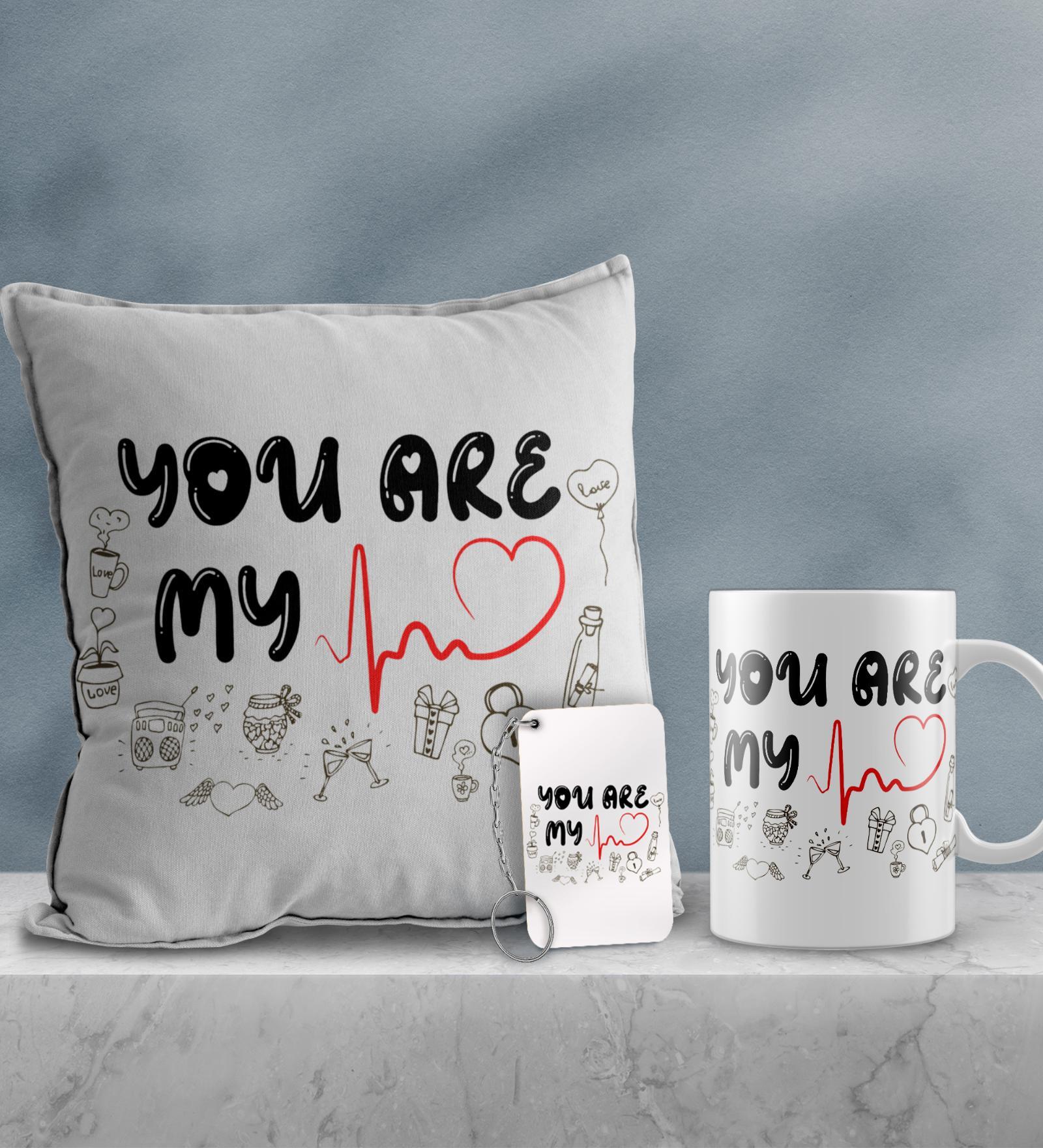 Valentine Combo of You are my heartbeat Cushion & Mug With Keychain Gift Set