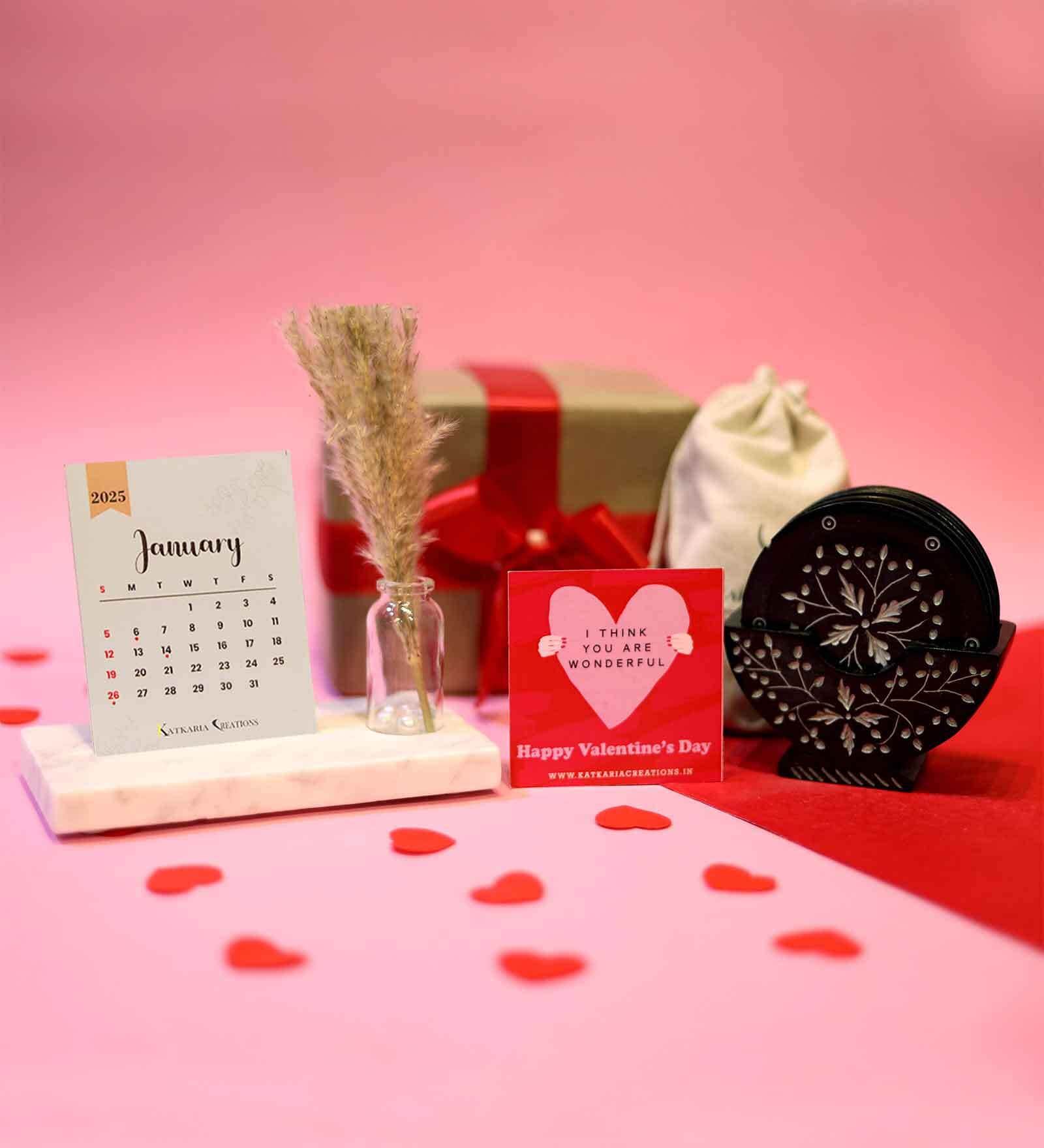 Valentines Day Gift Hamper with Black Flower Coasters Set & Desk Calendar 2025