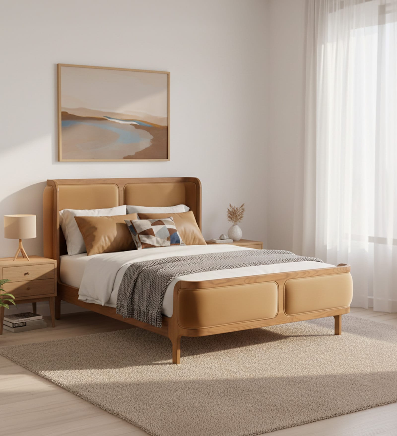 Valerio Duo-Panel Luxe Queen Size Bed in velvet With Oak wood Frame & Hydraulic Storage