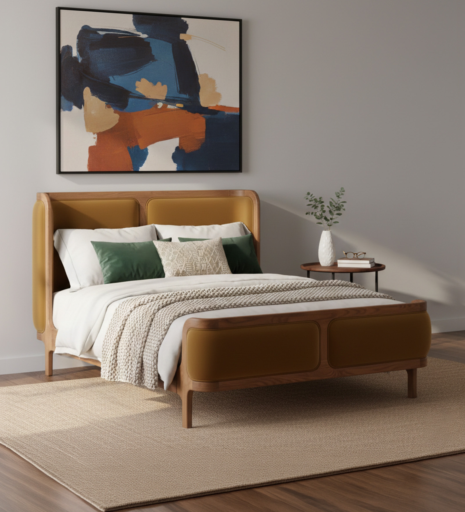 Valerio Duo-Panel Luxe Queen Size Bed in Velvet With Oak wood Frame