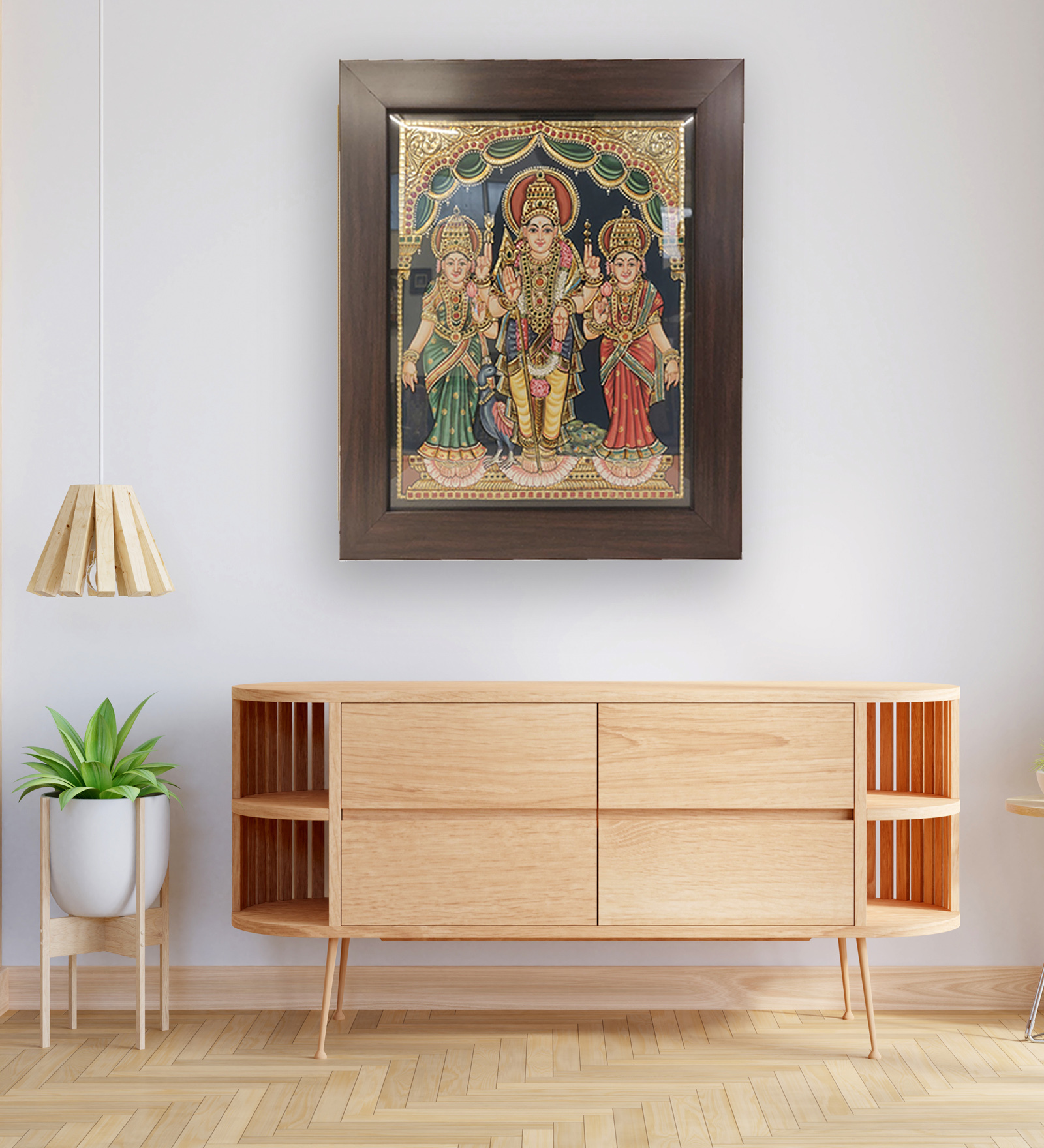 Valli-Deivanai Murugan Multicolour Birch Plywood With 24 Karat Gold Foil Tanjore Painting