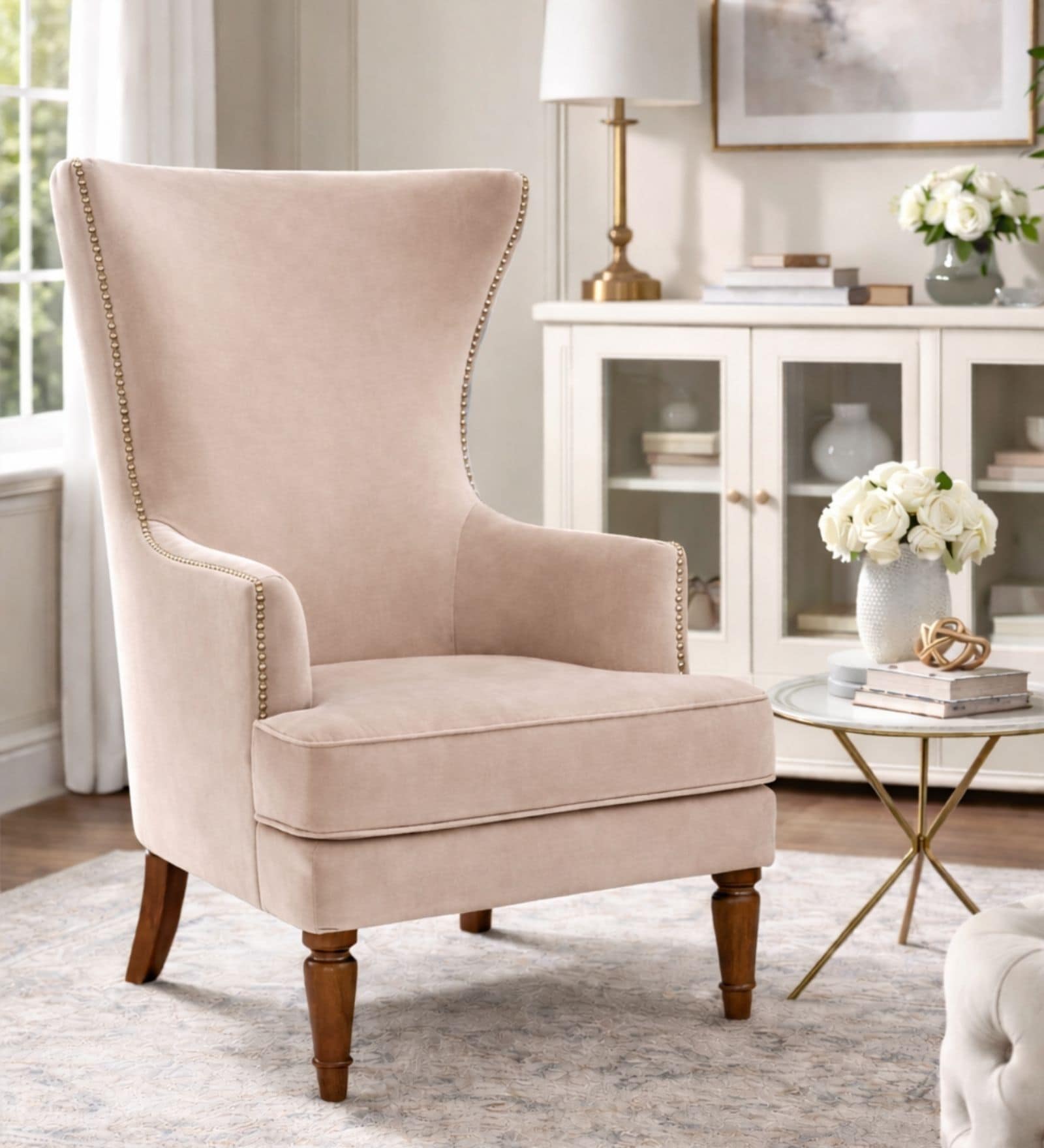 Vance Teak Wood Wing Chair With Suede Fabric In Pink Colour