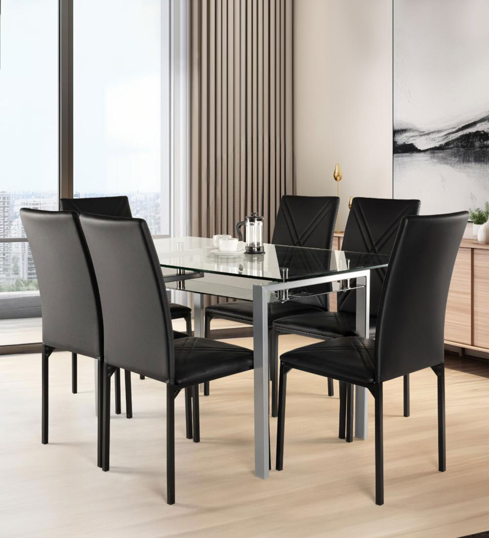Vanilla Glass Top 6 Seater Dining Set In Black Colour