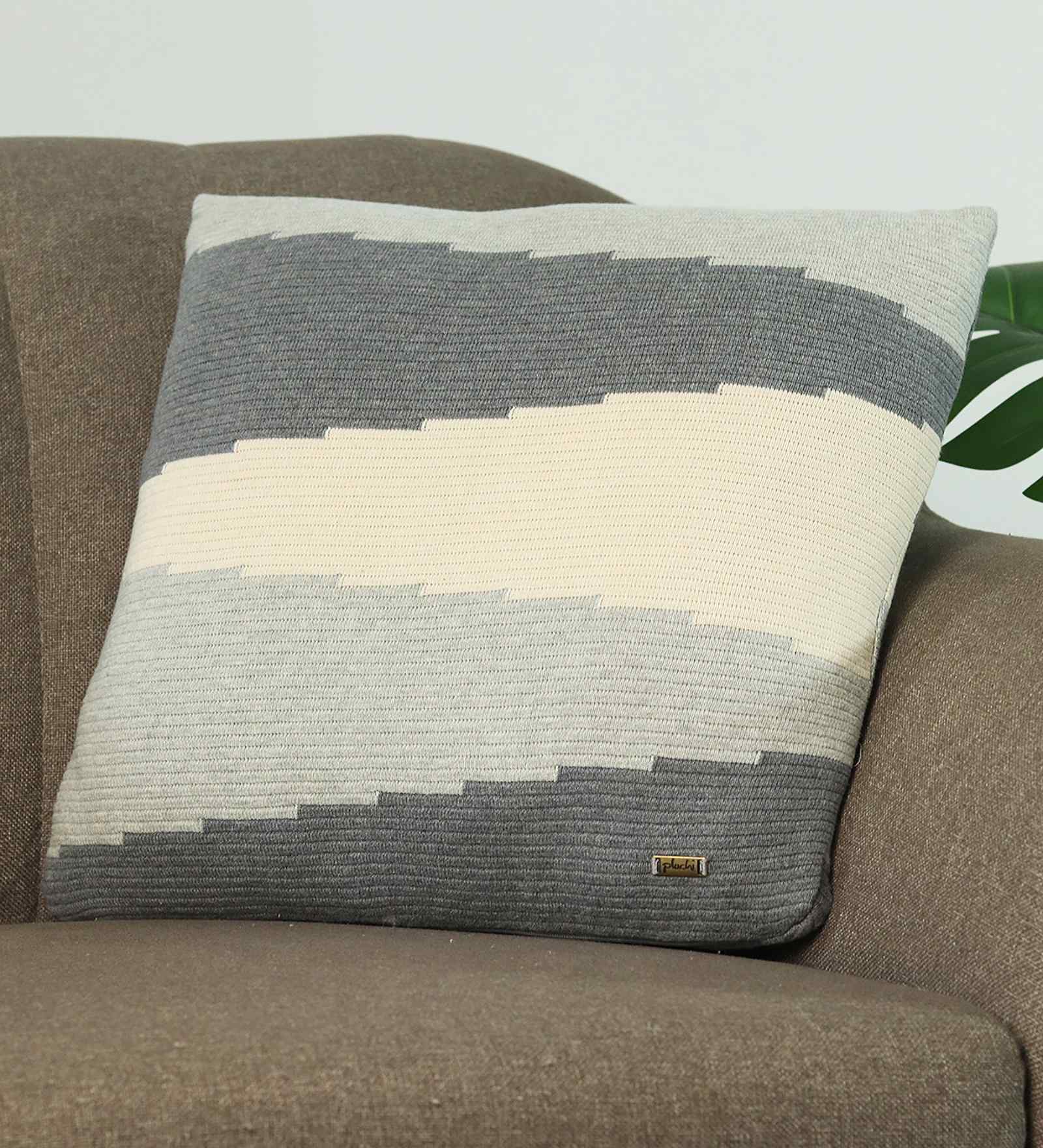 Vanilla Grey Melange 100% Cotton Maverick16X16 Inches Knitted Cushion Cover