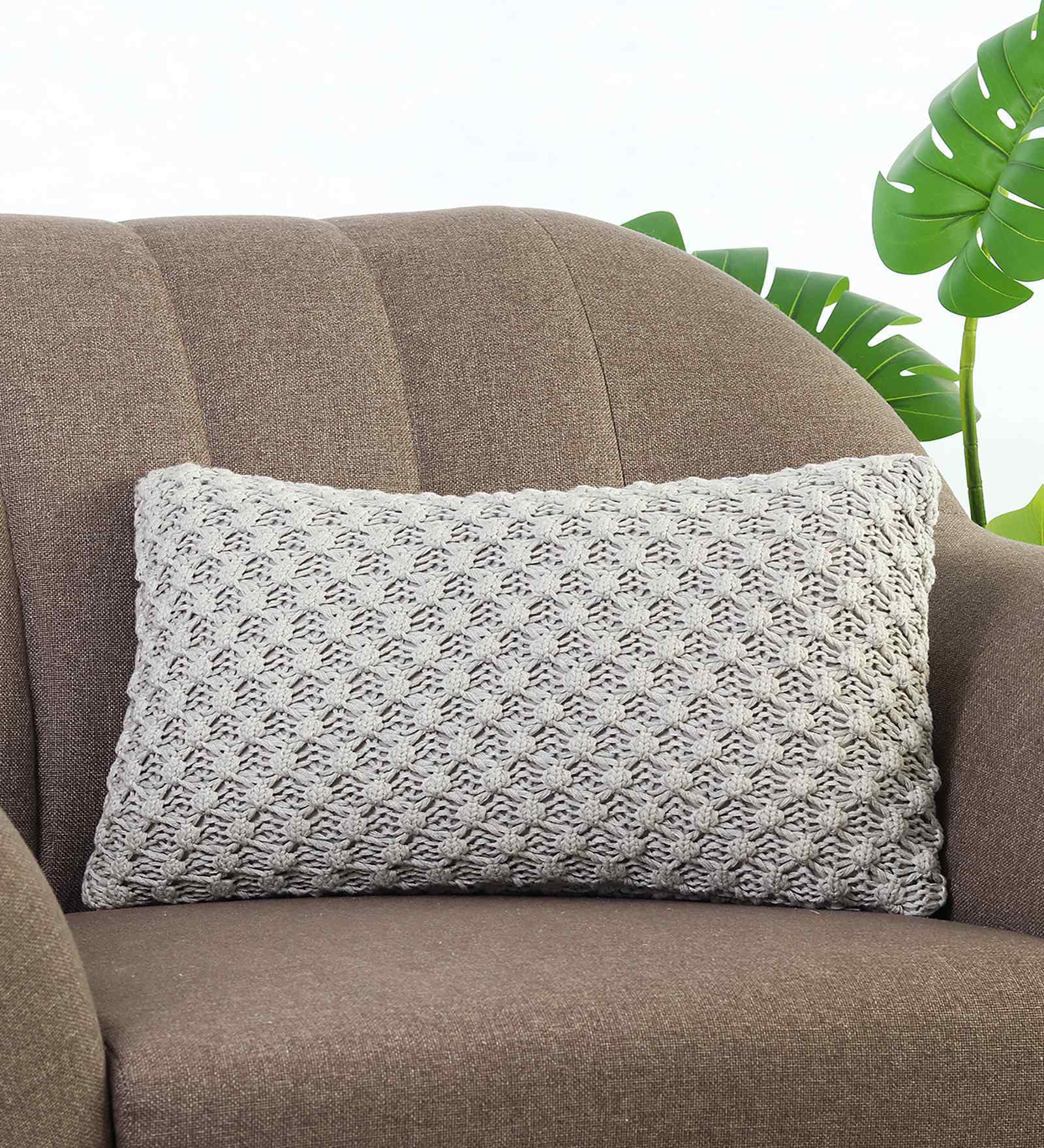Vanilla Grey Melange 100% Cotton Popcorn 12X20 Inches Knitted Cushion Cover