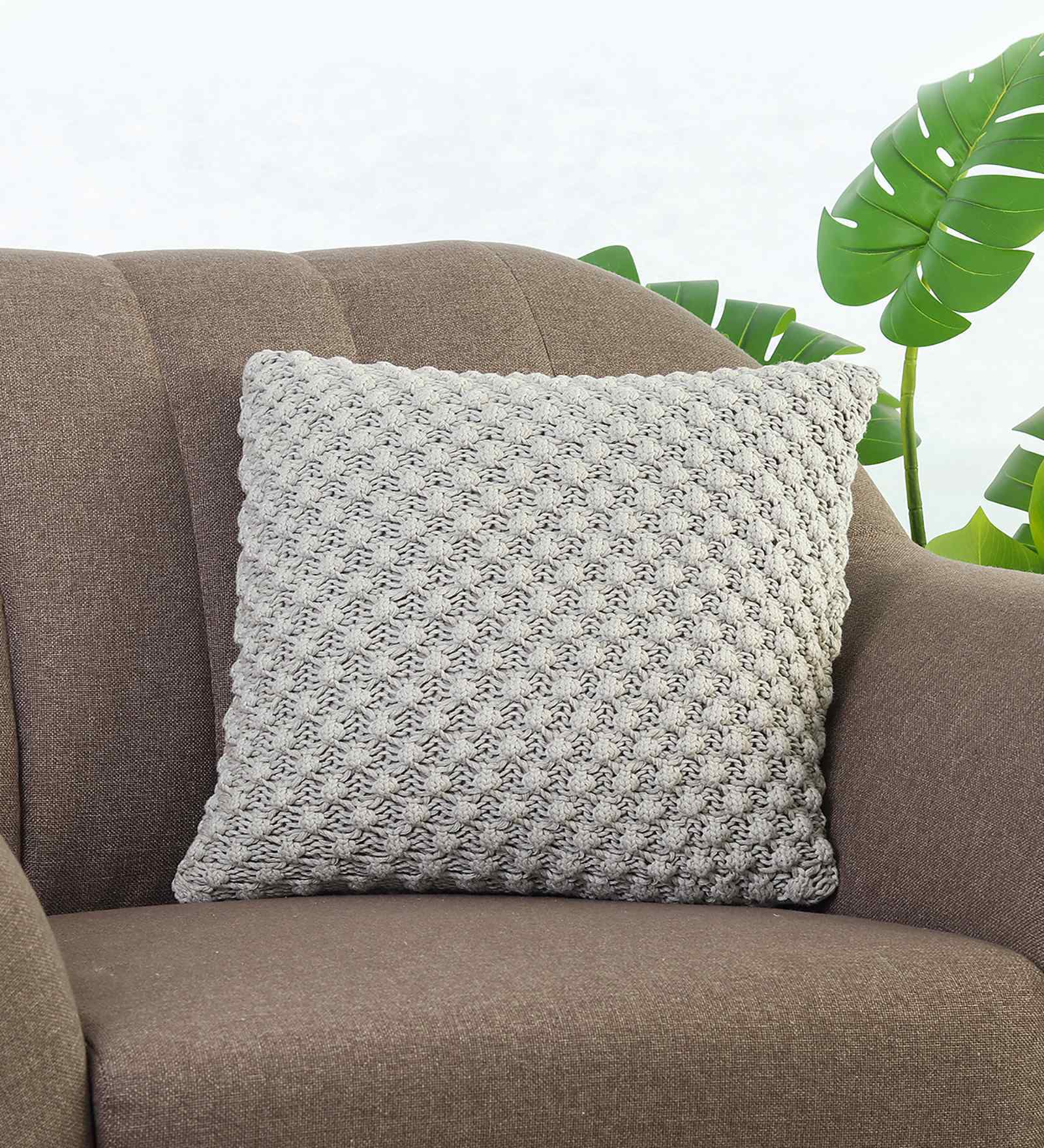 Vanilla Grey Melange 100% Cotton Popcorn 16X16 Inches Knitted Cushion Cover