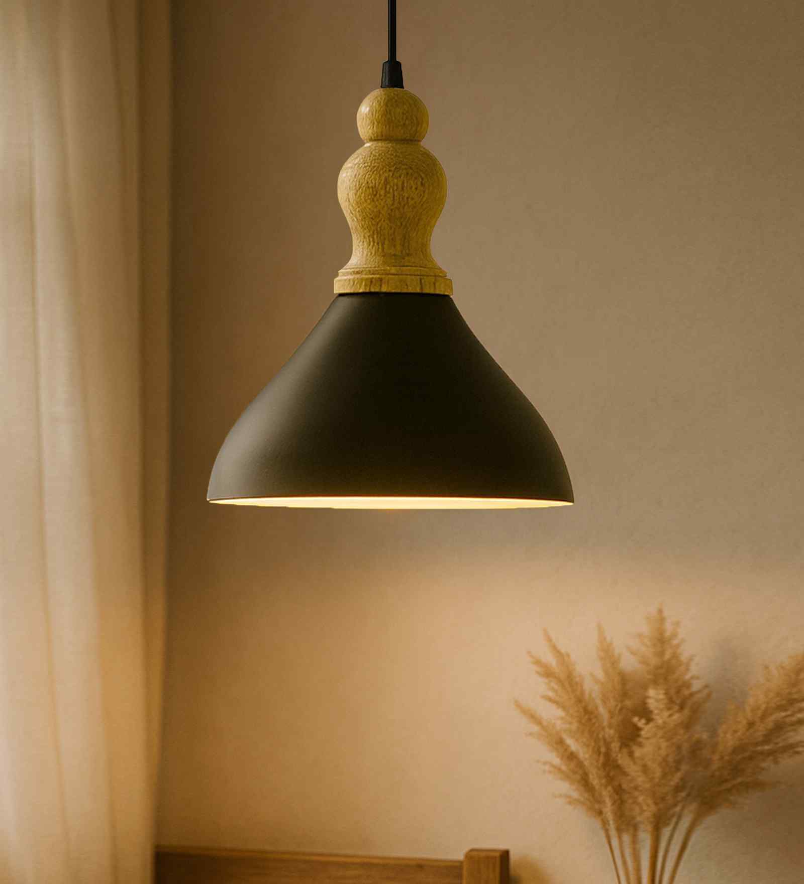 Vanora Wooden Top Black Pendant Light