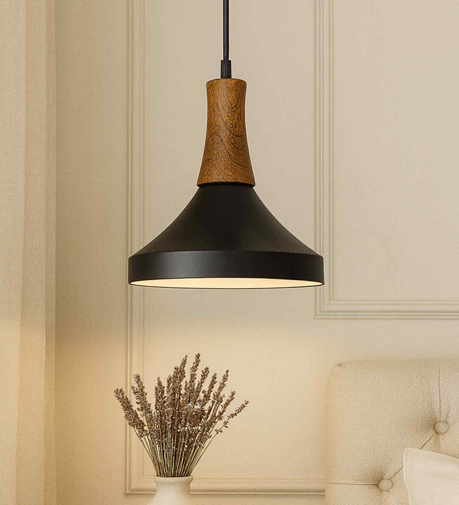 Vanora Wooden Top Black Pendant Light