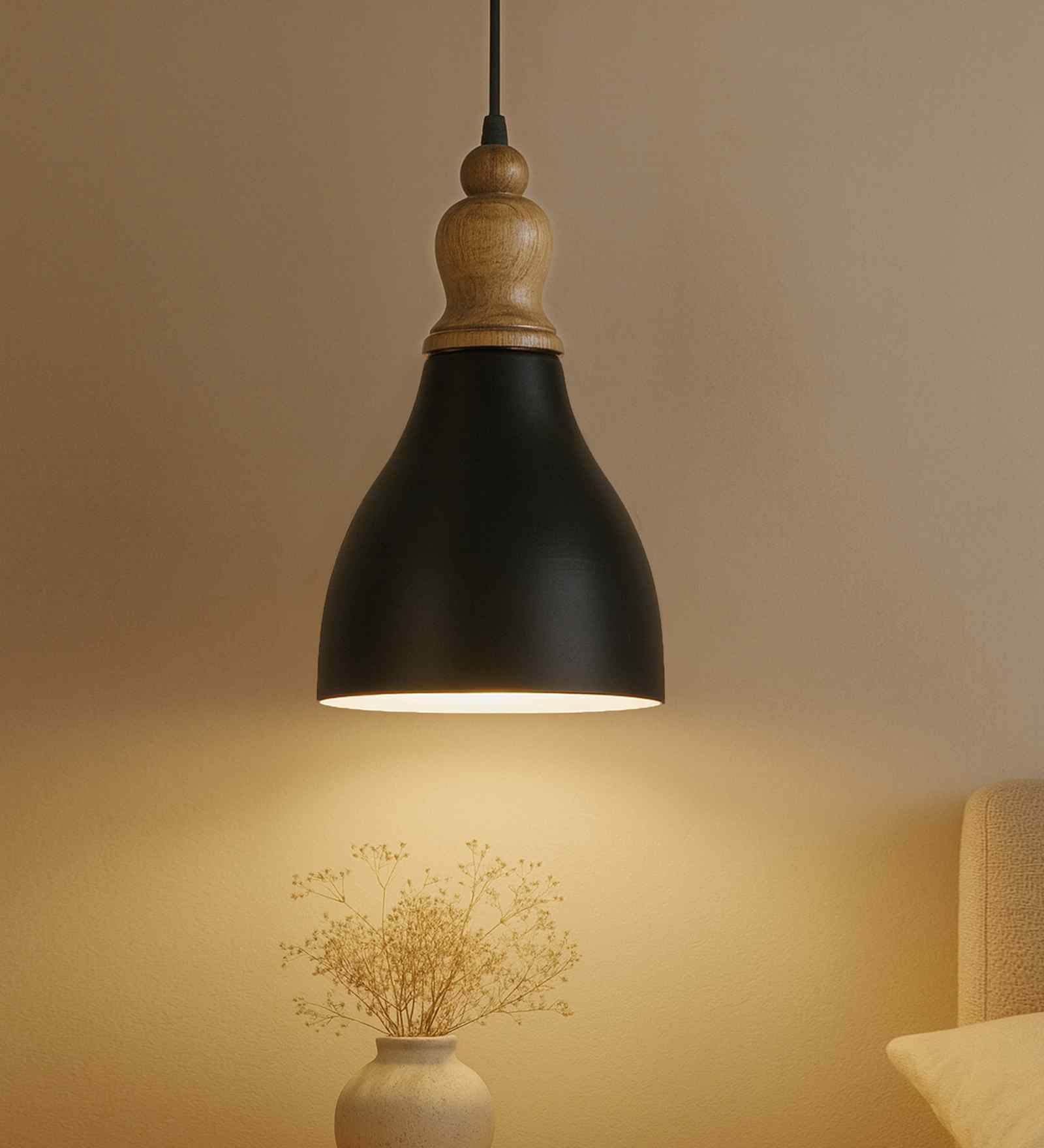Vanora Wooden Top Black Pendant Light