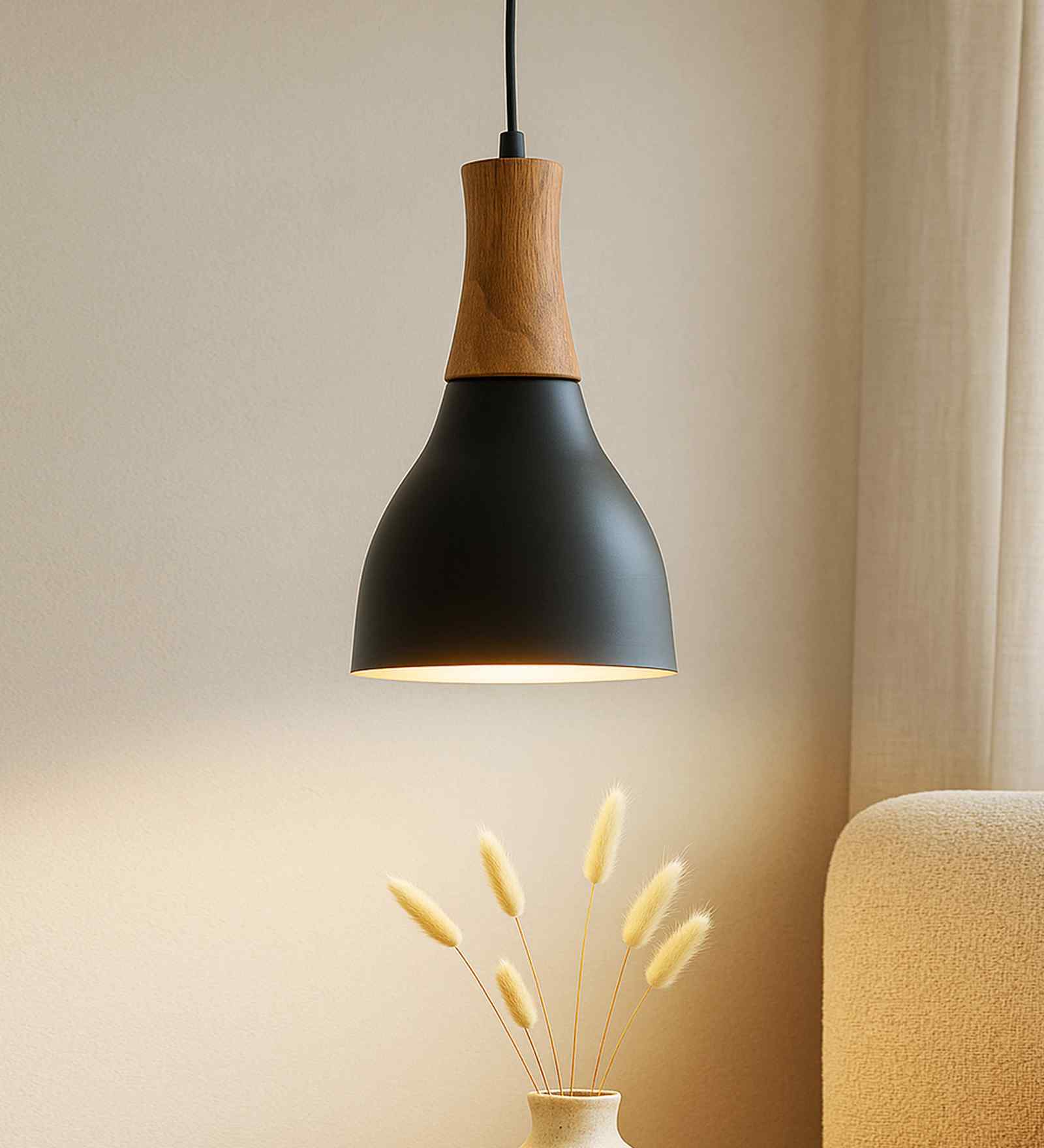 Vanora Wooden Top Black Pendant Light