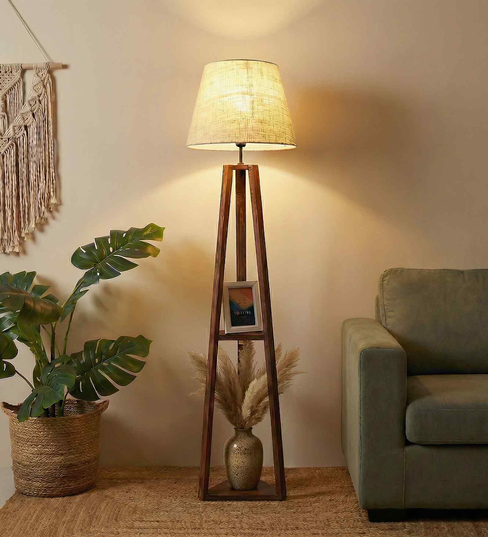 Vantage Wooden Shelf Floor Lamp with Jute Shade & Brown Base