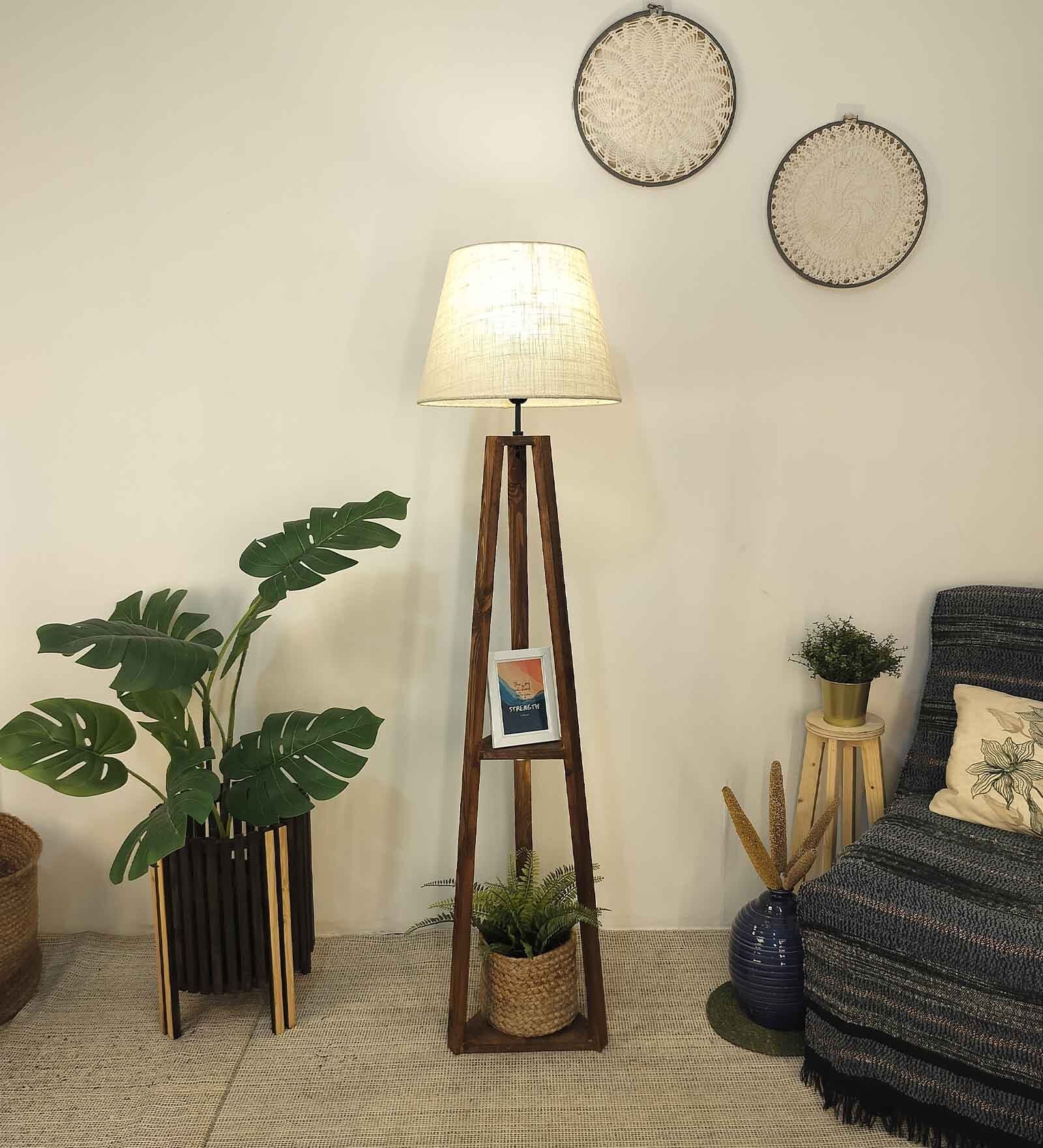 Vantage Wooden Shelf Floor Lamp with Jute Shade & Brown Base