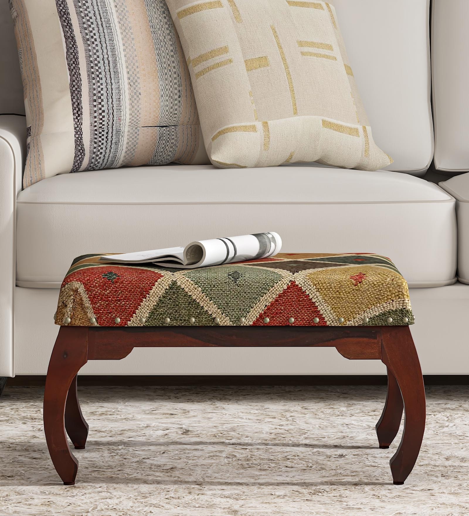 Varnaka Upholstered Foot Stool in Honey Oak