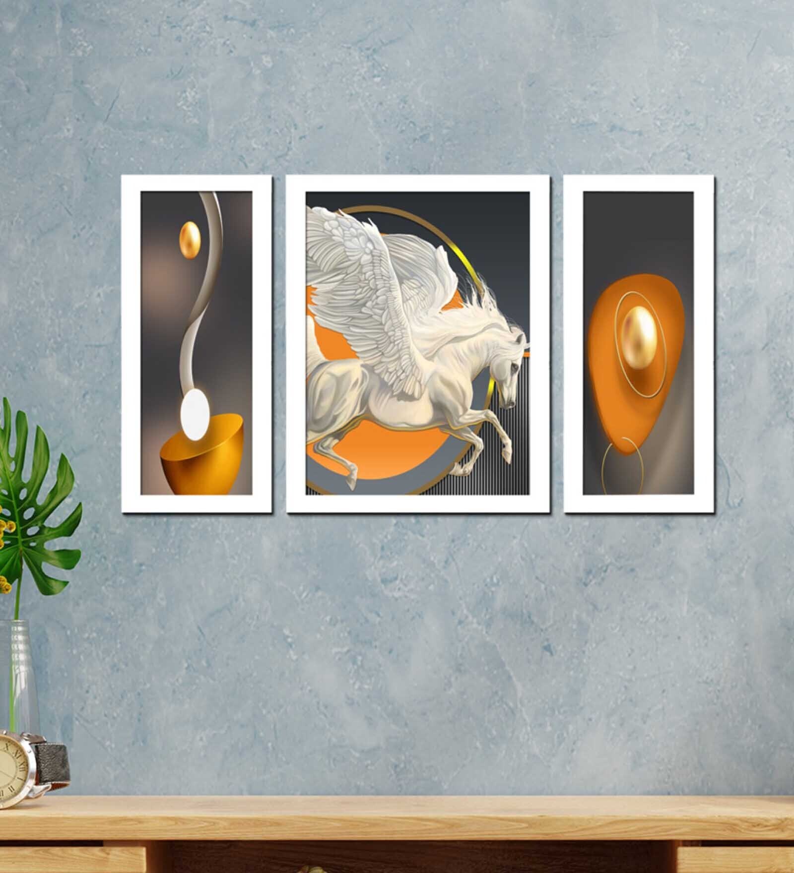 Vastu Flying Horse Design MDF Art Print Set of 3