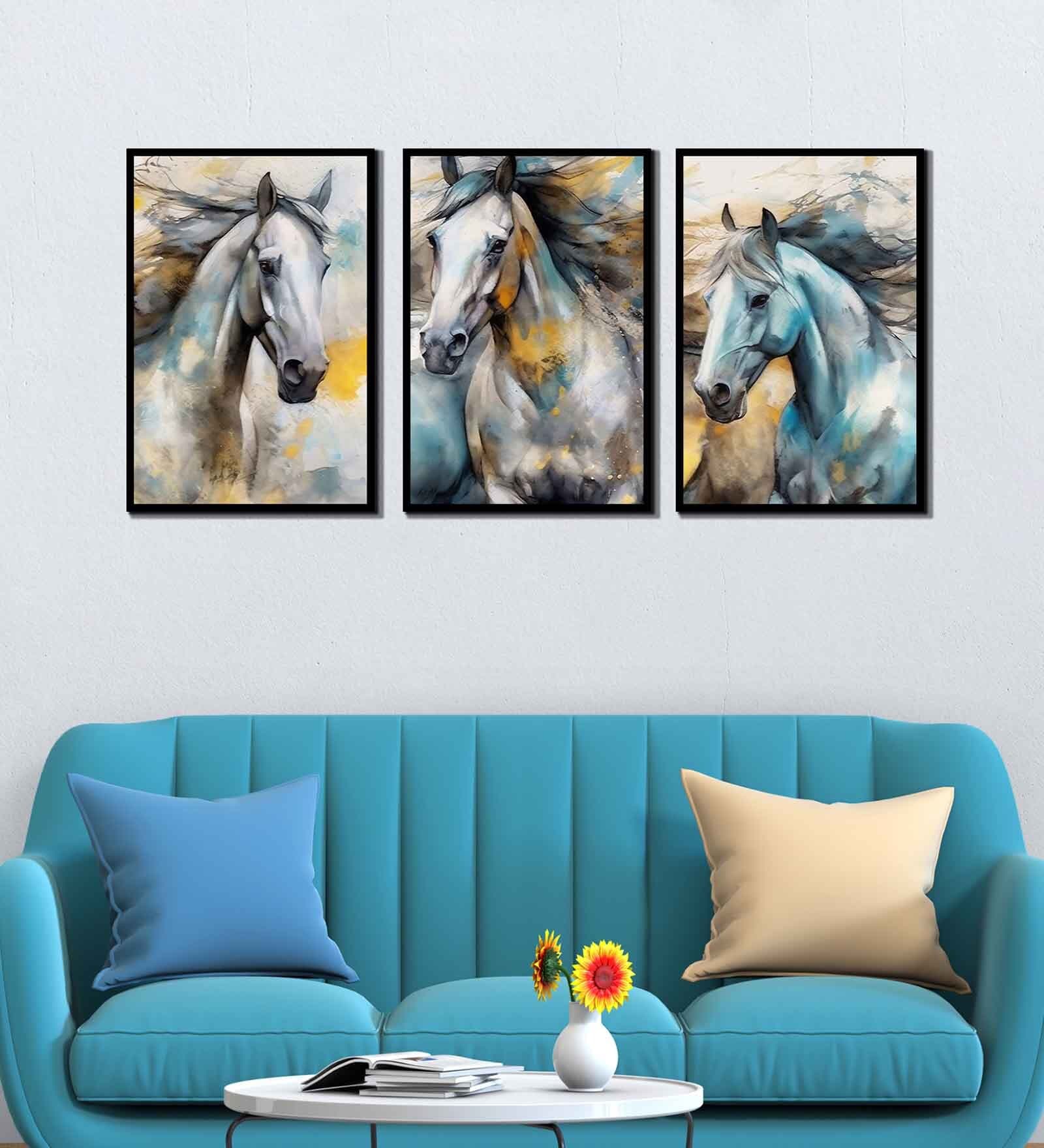 Buy Vastu Good Luck Horses Multicolour Canvas & MDF (Set of 3) Framed ...