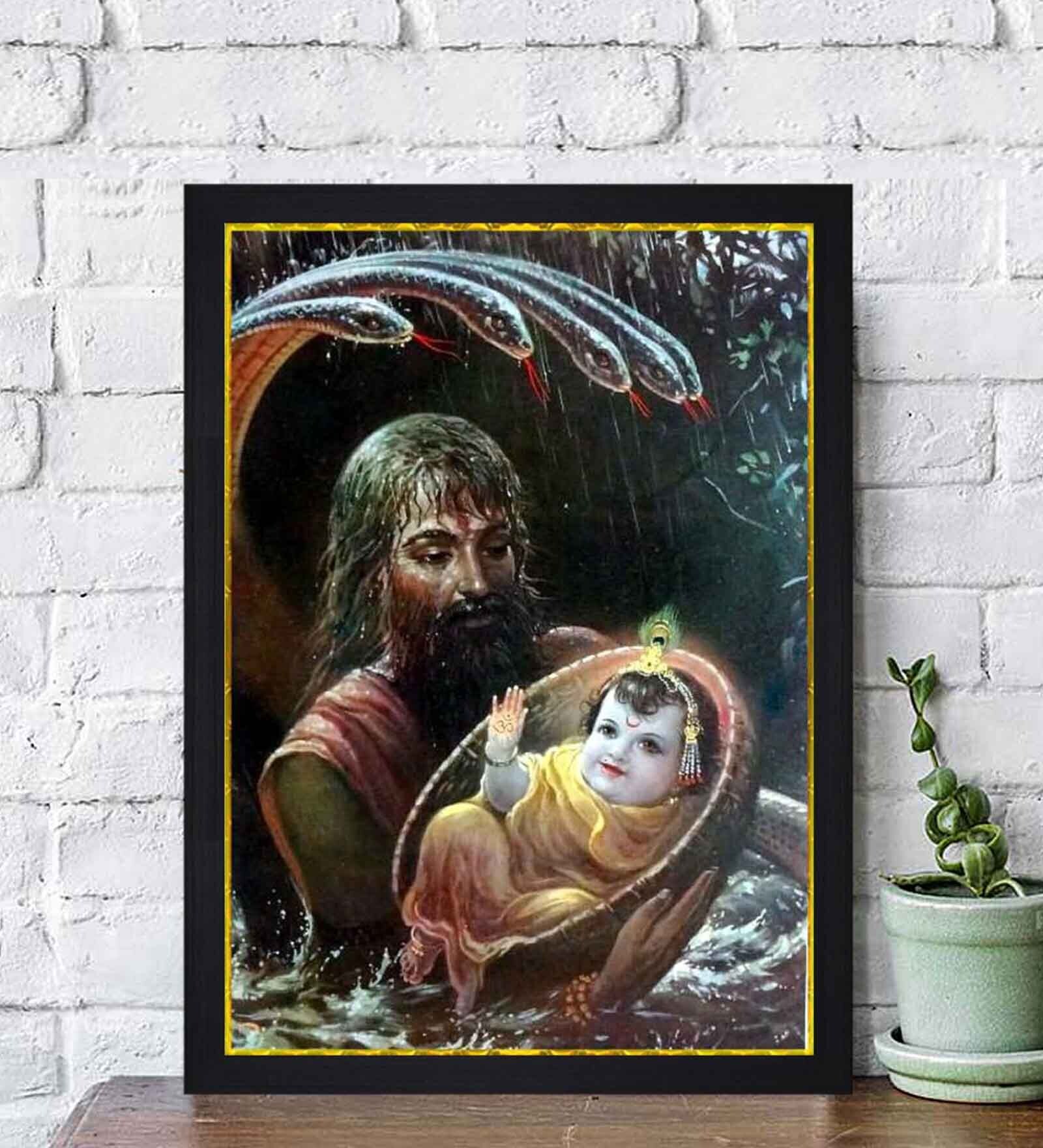 Vasudev Carrying Krishna Texture Paper Framed Art Print