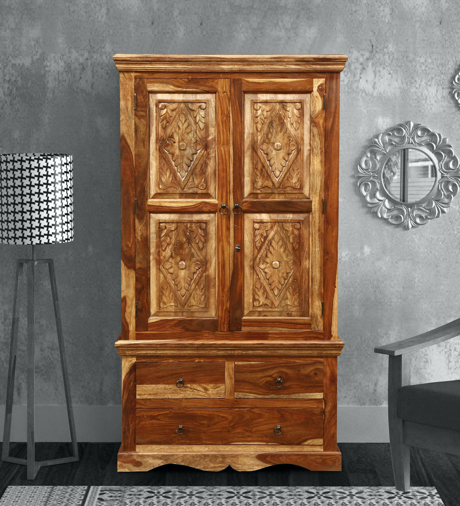 Vayaka Sheesham Wood 2 Door Wardrobe in Rustic Teak Finish