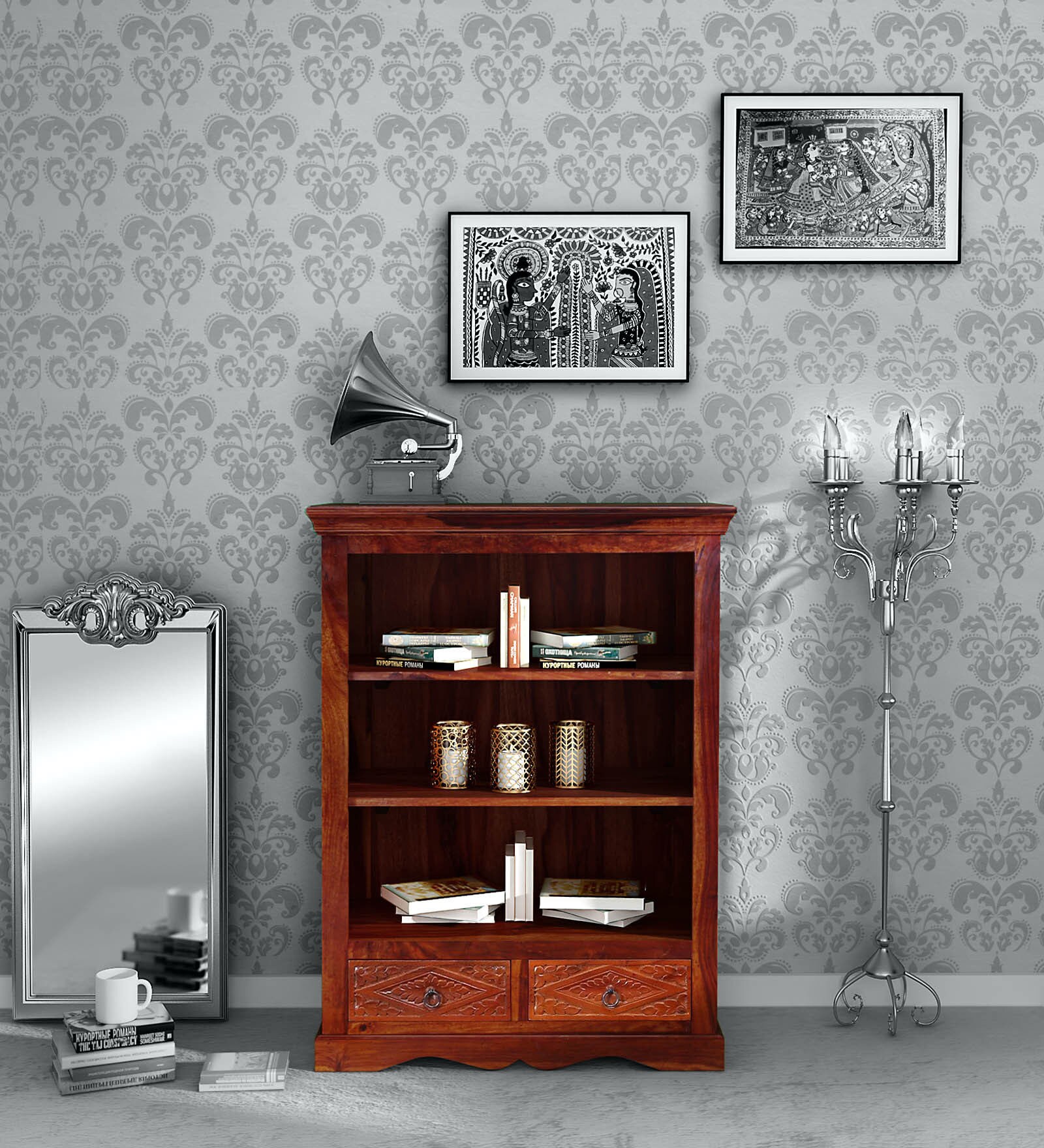 Vayaka Sheesham Wood Book Shelf In Honey Oak Finish
