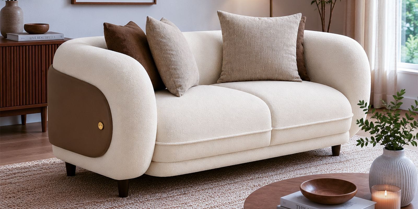 Vale Fabric 2 Seater Sofa with Leatherette Cladding in Beige Colour