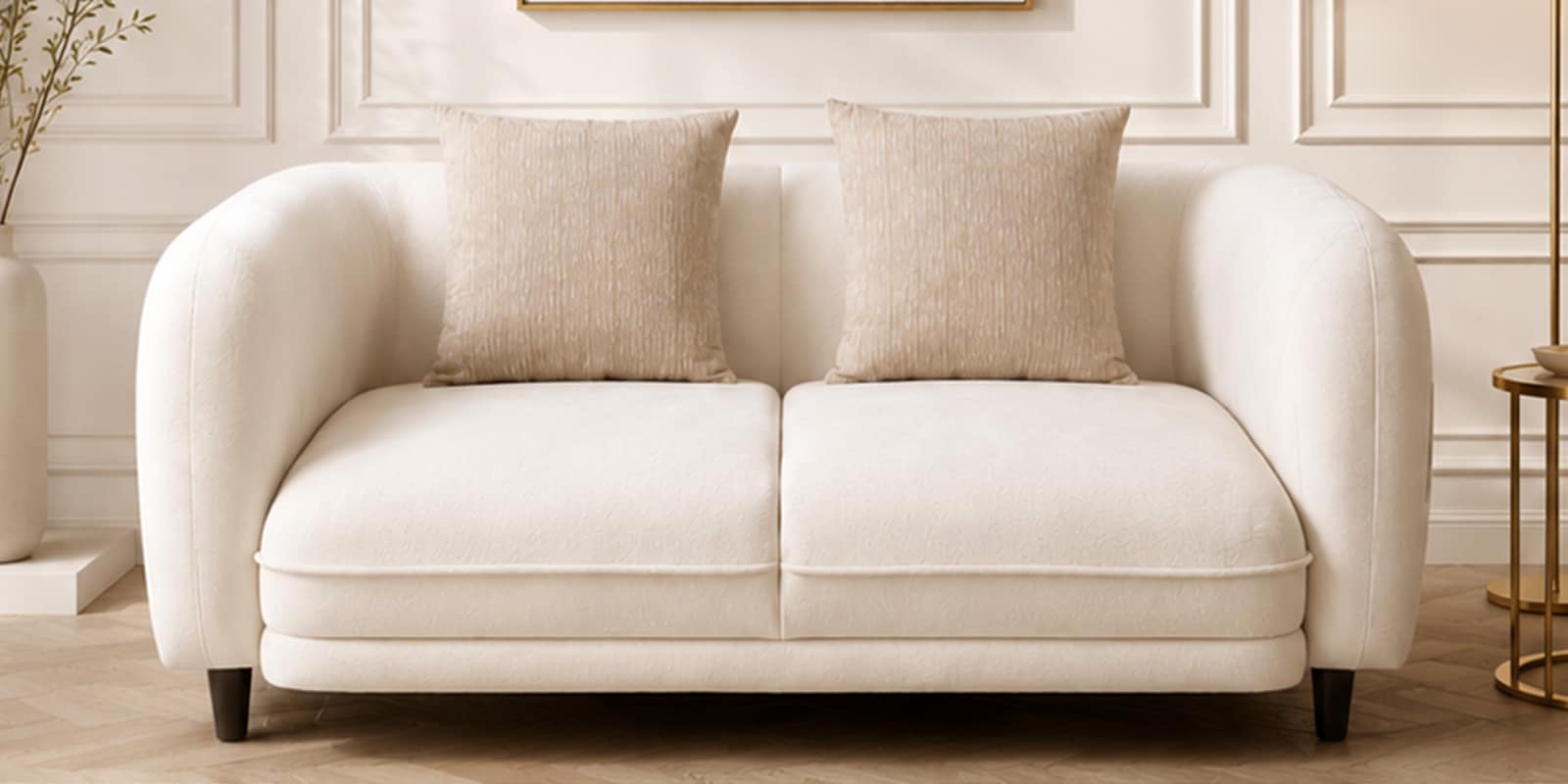 Vale Fabric 2 Seater Sofa with Leatherette Cladding in Beige Colour Vale Fabric 2 Seater Sofa with Leatherette Cladding in Beige Colour