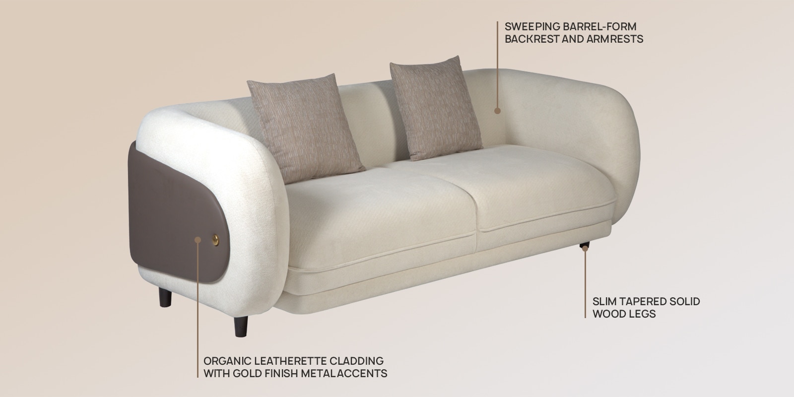 Vale Fabric 3 Seater Sofa with Leatherette Cladding in Beige Colour