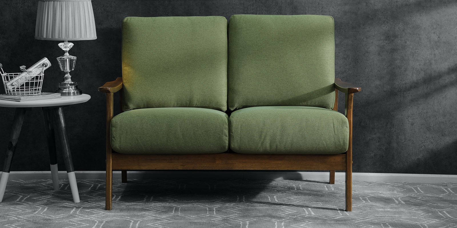 Buy Valery 2 Seater Sofa in Green Colour with Brown Oak Finish