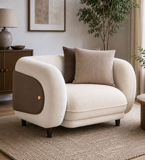 Vale Fabric 1 Seater Sofa with Leatherette Cladding in Beige Colour