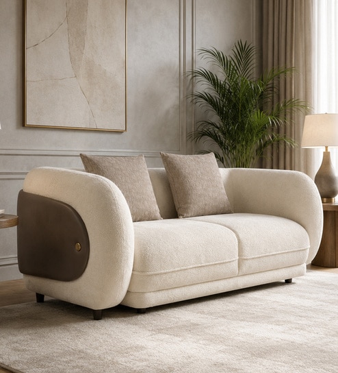 Vale Fabric 2 Seater Sofa with Leatherette Cladding in Beige Colour