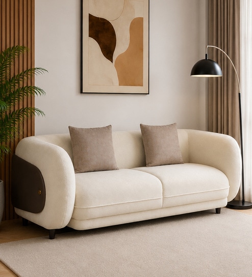 Vale Fabric 3 Seater Sofa with Leatherette Cladding in Beige Colour