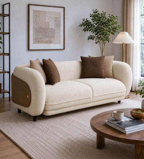 Vale Fabric 3 Seater Sofa with Leatherette Cladding in Beige Colour