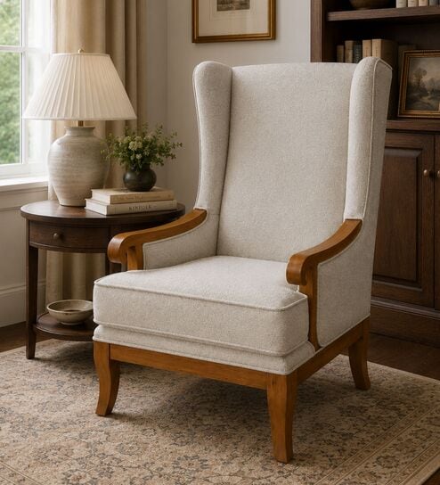 Valen Teak Wood Wing Chair With Suede Fabric In Cream Colour