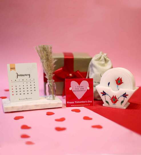 Valentines Day Gift with White Coasters Set & Desk Calendar 2025
