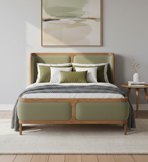 Valerio Duo-Panel Luxe Queen Size Bed in velvet With Oak wood Frame & Hydraulic Storage